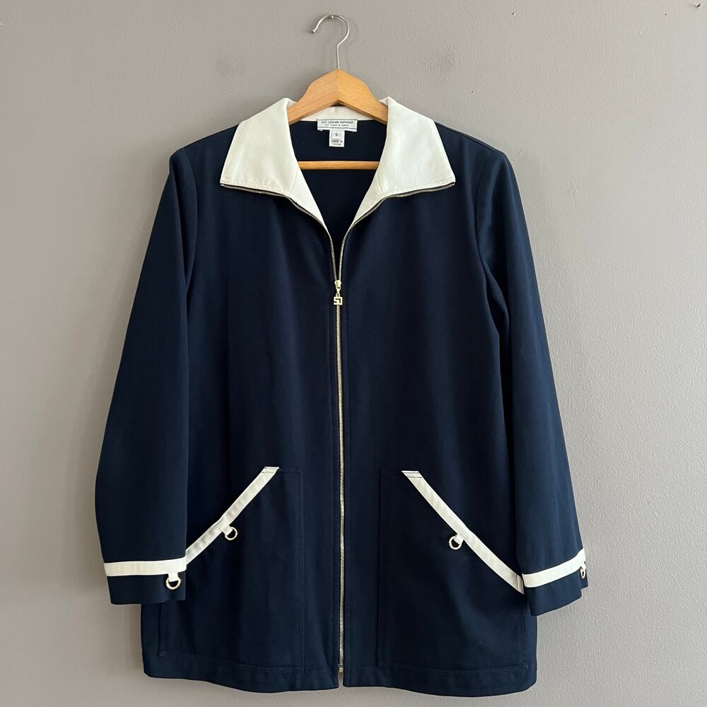 St John Sport Marie Gray Navy Zip Up Jacket White Trim Gold Hardware Sz S